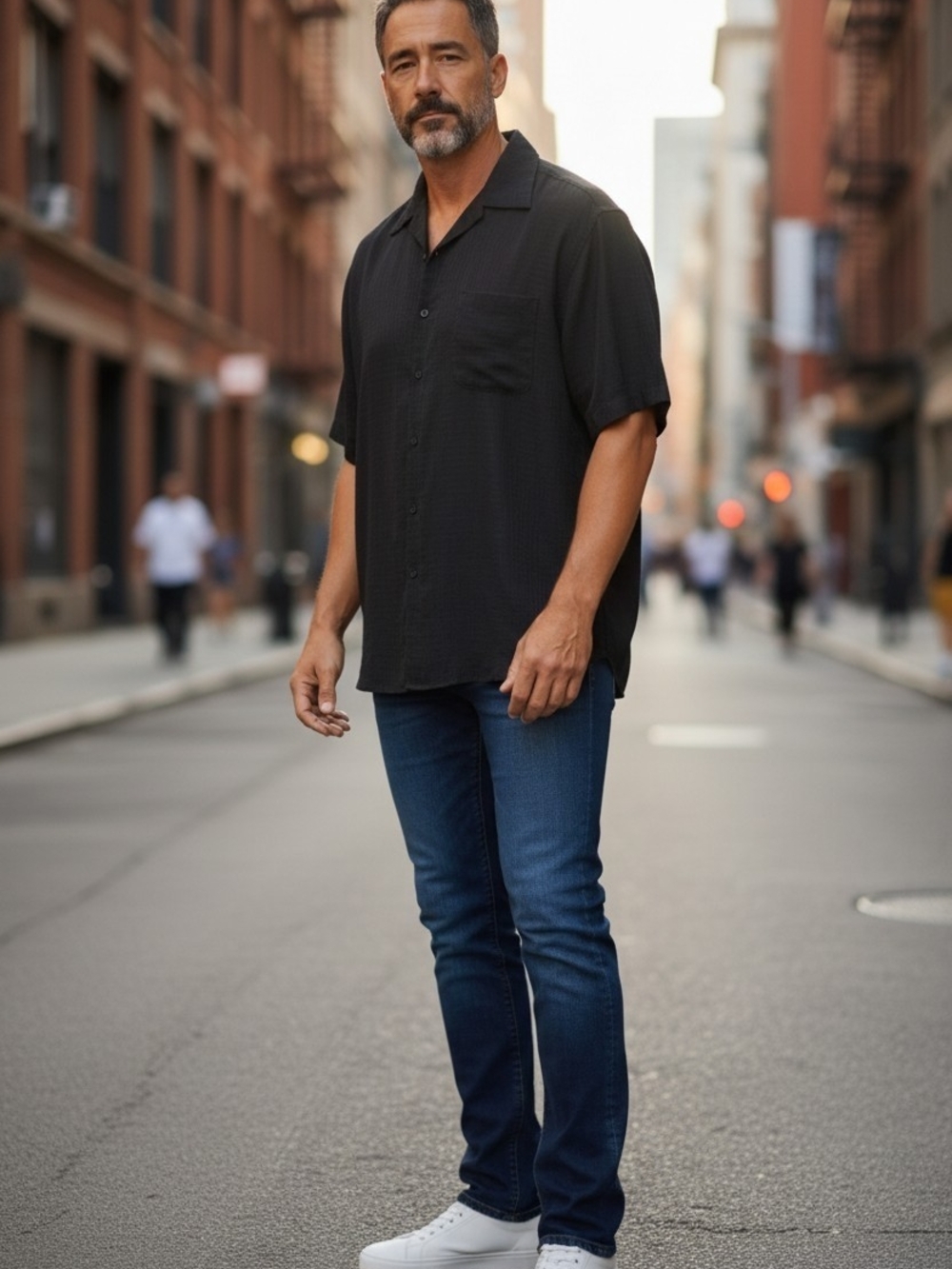 George Size M 38/40 Men's Black Sueded Short Sleeve Button-Up Shirt